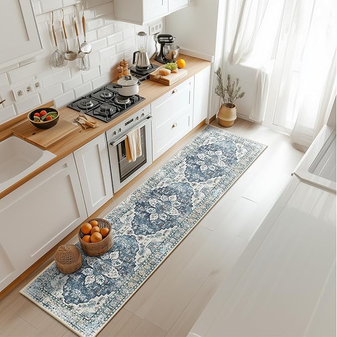 BESTSWEETIE 2x8 Area Rug Washable Rugs for Living Room, No Pile Boho Carpet for Entryway Bedroom Dinning Room, Vintage Carpet Print Distressed Non-Slip, 2 x 8 ft, Blue Navy