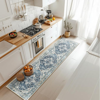BESTSWEETIE 2x8 Area Rug Washable Rugs for Living Room, No Pile Boho Carpet for Entryway Bedroom Dinning Room, Vintage Carpet Print Distressed Non-Slip, 2 x 8 ft, Blue Navy