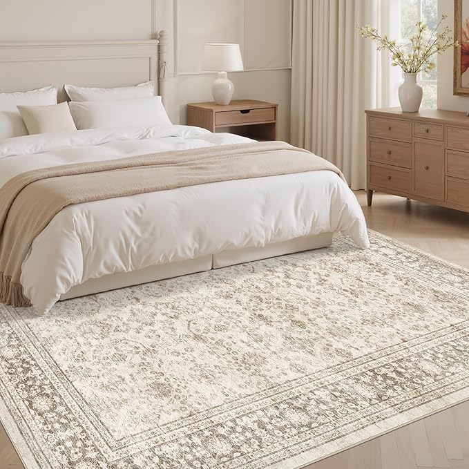 Area Rug 5x8 Washable Vintage - Soft Traditional Rugs for Living Room Large Non Slip Backing with Low Pile Farmhouse Oriental Retro Carpet for Bedroom Dining Room or Home Office - Yellowish Brown
