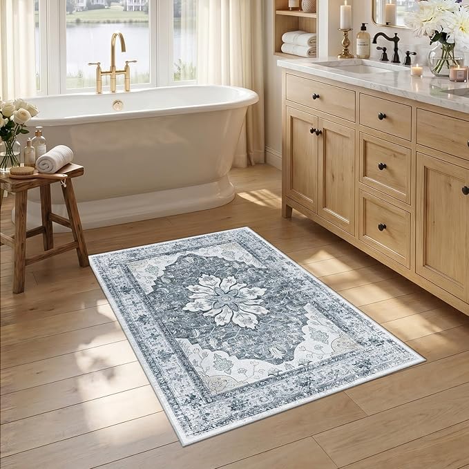 RELEANY Area Rugs 2'6"x4' Kitchen Rugs Entry Rug Small Rugs for Entryway Kitchen Bathroom Door Mat Indoor Entrance,Washable Non Slip, Light Gray Grey White
