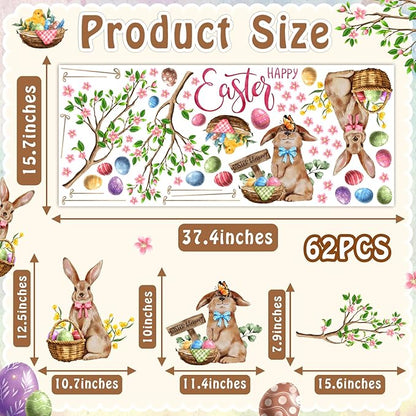 Happy Easter Window Clings Bunny Window Decorations Decals for Glass Double-Sided Removable Easter Egg Vinyl Static Sticker Spring Tree Branch Decals for Living Room Bedroom Office Holiday Supplies