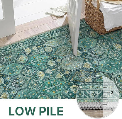 Bavni Washable Rug 9x12 Area Rug for Living Room Bedroom Dining, Washable Vintage Print Carpet, Ultra-Thin Chenille Low Pile Lightweight Rug with Non Slip Backing, Dark Green