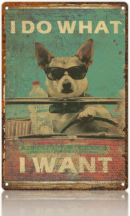 8"x12" Vintage Funny Dog Driving Metal Wall Decor - Humorous "I DO WHAT I WANT" Iron Plaque with Smooth Edge & Holes for Home, Office, Man Cave