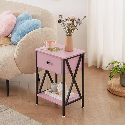 VECELO Nightstand,Modern Bedside End Table, Night Stand with Drawer and Storage Shelf for Living Room Bedroom, Industrial Metal Frame