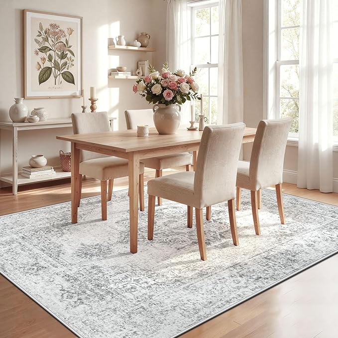 6x9 Area Rugs for Living Room, Washable Vintage Boho Medallion Rug Non Slip Low Pile Floor Carpet for Bedroom Nursery Dining Room (Grey, 6'x9')