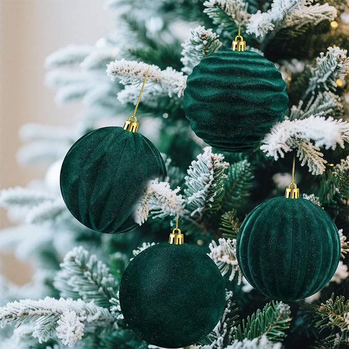 Liliful 12 Pcs Velvet Christmas Ornaments Balls, 4 Inch Flocked Plastic Christmas Tree Ball Shatterproof Hanging Ornaments Decorations for Xmas Tree Vintage Holiday Rustic Home Decor(Dark Green)