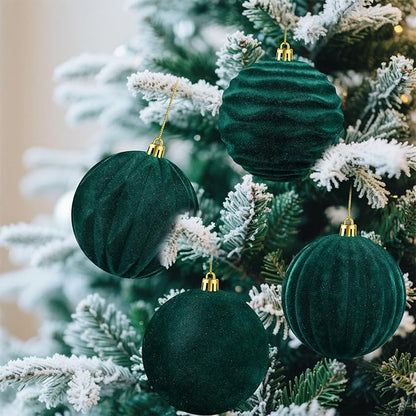 Liliful 12 Pcs Velvet Christmas Ornaments Balls, 4 Inch Flocked Plastic Christmas Tree Ball Shatterproof Hanging Ornaments Decorations for Xmas Tree Vintage Holiday Rustic Home Decor(Dark Green)