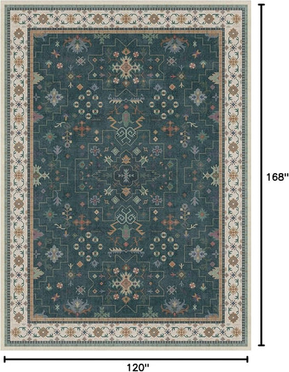 Hazo Haus Dark Green Oushak Living Room Rug 10x14 - Modern Vintage Boho Eclectic Floral Pastel, Washable Low Pile Non-Slip Extra Large Area Rugs for Dining Under Table Bedroom Lounge