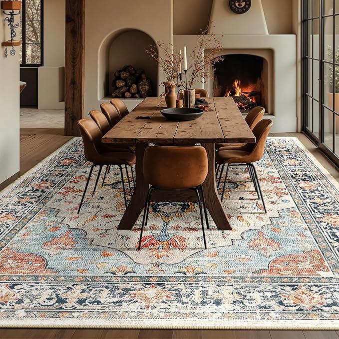RELEANY Area Rugs 10'x14' Washable Non-Slip, Floral Vintage Distress Print Pattern Medallion Carpet for Living Room Bedroom Dining Room, Beige Navy Blue Orange Colorful
