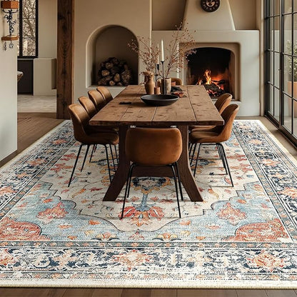 RELEANY Area Rugs 10'x14' Washable Non-Slip, Floral Vintage Distress Print Pattern Medallion Carpet for Living Room Bedroom Dining Room, Beige Navy Blue Orange Colorful