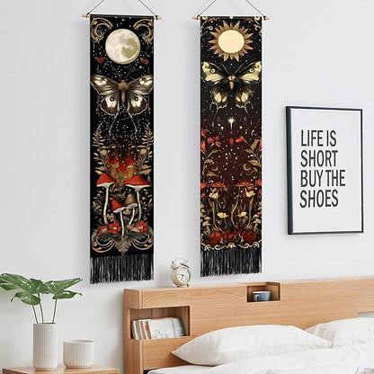 AOHMPT Pack of 2 Long Vertical Tapestry,Nature Landscape Tapestry with Serene Mountain River, Moon & Sun Motifs,Traditional Ink Painting Wall Art , Zen Aesthetic Wall Hanging for Living Room Bedroom Decor 13" W x 51" H"