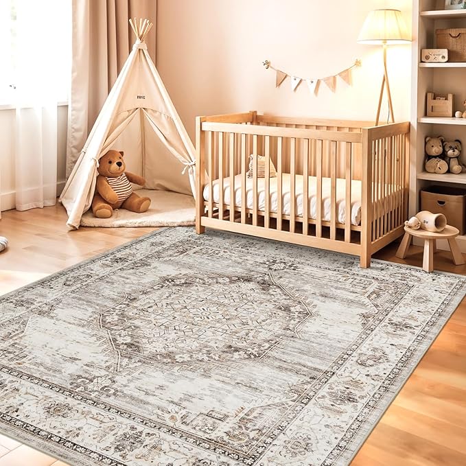 5x5 Area Rug Washable Living Room Rugs: 5ft Square Ultra Thin Soft Oriental Area Rugs Non-Slip Backing Farmhouse Rug Low Pile Thin Stain Resistant Indoor Carpets, 5' x 5' Beige