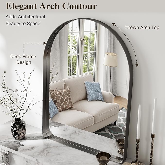 Arched Bathroom Mirror, 24"x36" Black Mirror for Wall Mounted Vanity Mirror for Over Sink with Tempered Glass, Aluminum Alloy Deep Frame, Farmhouse for Bedroom, Entryway, Living Room