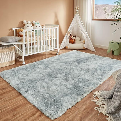 Floralux 4x6 Shag Rug, Tie-Dye Light Grey, Modern Fluffy Rugs for Bedroom, Soft Plush Carpet for Living Room, Nursery Kids Room, Home Dorm Decor Aesthetic, Area Rugs