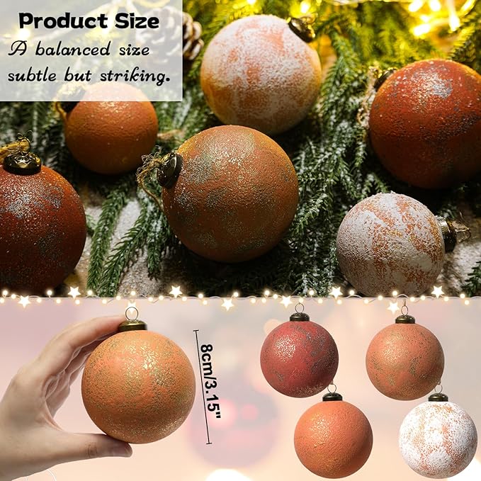 12 Pcs 3.15'' Large Rustic Vintage Neutral Textured Farmhouse Brown 2025 Christmas Ornaments Ball for Christmas Tree Decor,Boho Orange Copper Hanging Xmas Ornaments Shatterproof Ball for Home Decor