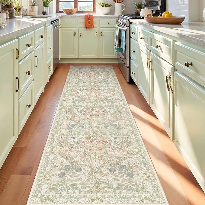 Lunasun Sage Green Non Slip Hallway Runner Rug - Long Runner Rugs 2x7 Washable Kitchen Floor Mat, Laundry Room Rug, Bathroom Runner - Vintage Design Décor