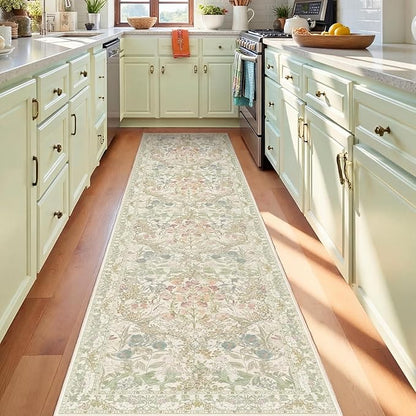 Lunasun Sage Green Non Slip Hallway Runner Rug - Long Runner Rugs 2x7 Washable Kitchen Floor Mat, Laundry Room Rug, Bathroom Runner - Vintage Design Décor