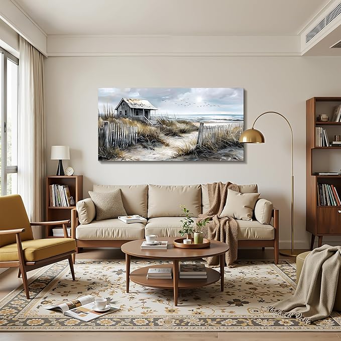 imjiayu Oversized Wall Art, Landscape Wall Art, Rustic Wall Decor, Retro Beach Log Cabin Art Prints, Nostalgic Extra Large Paintings for Living Room Dining Room Farmhouse Home Decoration 29"x57"