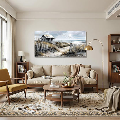 imjiayu Oversized Wall Art, Landscape Wall Art, Rustic Wall Decor, Retro Beach Log Cabin Art Prints, Nostalgic Extra Large Paintings for Living Room Dining Room Farmhouse Home Decoration 29"x57"