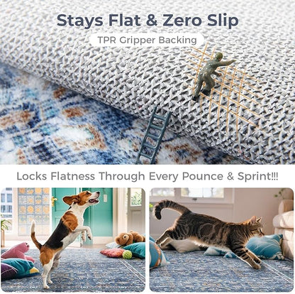 OPPODREAM Vintage Blue Round Rug 3ft, 3 ft Retro Washable Circle Rug Non Slip, Low-Pile Faux Wool Circular Carpet, Distressed Navy Floor Mat for Living Room, Bedroom, Office, Dorm, Dinning Room