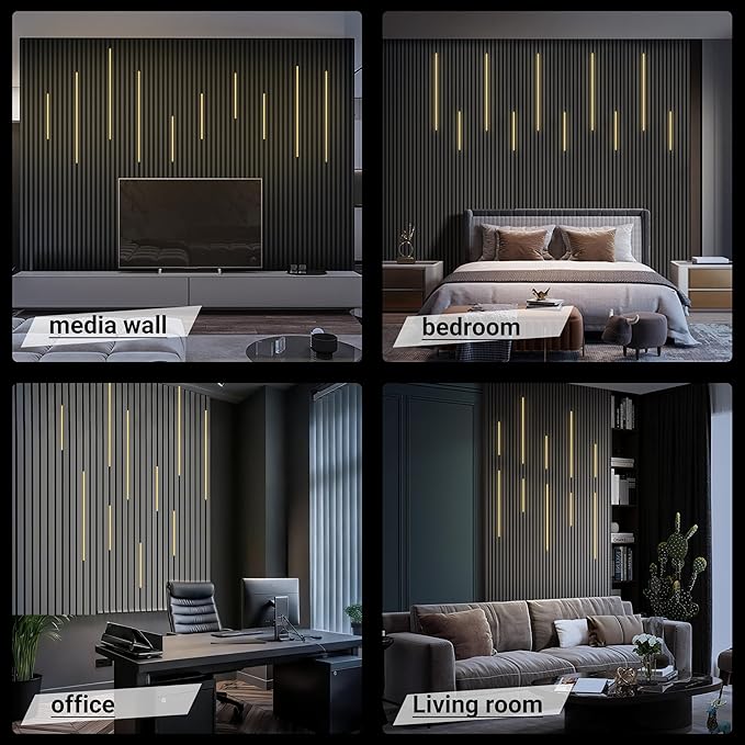 HAMRVL Black Wall Panel Lights - 10pcs 3000K Warm White Slat Wall Lights with Touch Control, Dimmable Self-Adhesive LED Recessed Lighting for Wood Slat Wall Panel, Media Wall, Bedroom, Living Room