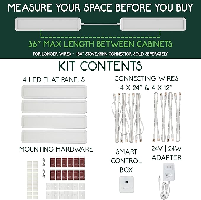 4 x Flat Panel LED Light Kit - Plug-in - Smart Under Cabinet Lighting - Super-High-Output - 478 lm Per Panel - 2700K-6500K - 95 CRI - Works with Alexa, Google, Apple - Matter Certified