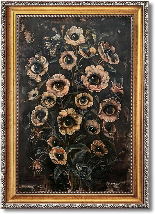 Balsuka Dark Academic Flowers and Eye Wall Art Gothic Creepy Botanical Poster Retro Surreal Floral Painting Aesthetic Horrible Collage Canvas Print for Halloween Bedroom Decor 24x36inch Vintage Framed