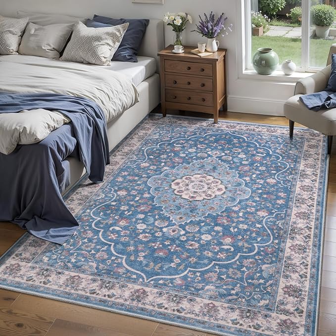 Tangsoo Vintage 3x5 Rug for Bedroom,Non-Slip Soft Low Pile Blue Beige Indoor Area Rug,Washable Boho Carpet for Front Porch Living Room Patio Entryway