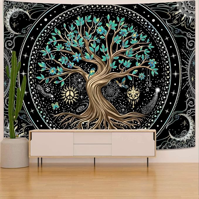 Lunerfex Tree of Life Tapastry Butterfly Moon Tapastry Flower Green Tree Tapestries Mandala Wall Hanging for Bedroom and Living Room Decor 60×80 Inches