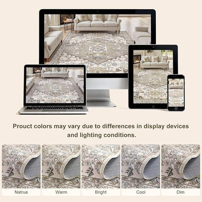 10x13 Washable Area Rugs for Living Room: Non Slip Vintage Brown Rug, Large Soft Stain Resistant Indoor Floor Carpets for Bedroom Dining Room Nursery Home Office Kid & Pet Friendly