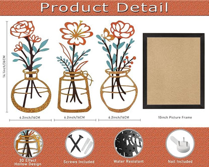Metal-Wall-Decor Living Room - 3 Pcs Metal Bathroom Wall Art Floral Vase and Picture Frame for Decoration- Hanging Display Wall Decor Art for Home Dining Room Bedroom Kitchen Farmhouse,Orange