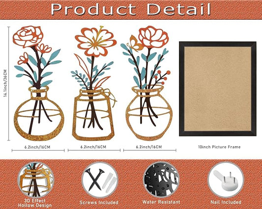 Metal-Wall-Decor Living Room - 3 Pcs Metal Bathroom Wall Art Floral Vase and Picture Frame for Decoration- Hanging Display Wall Decor Art for Home Dining Room Bedroom Kitchen Farmhouse,Orange