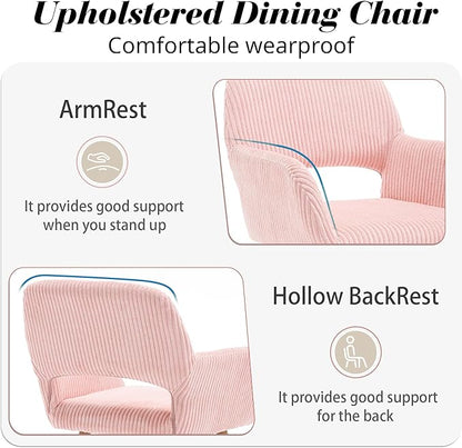 KCC Small Modern Dining Room Arm Chairs Set of 4, Mid-Century Upholstered Corduroy Fabric Side Seat Club Guest with Metal Tube Legs for Kitchen, Living Room, Pink