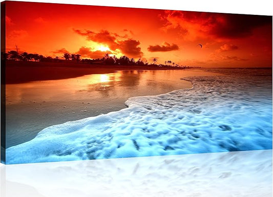 TutuBeer 1 Panel Beach Pictures Wall Decor Beach at Sunset Ocean Pictures Print on Canvas Ocean Picture Wall Decor Ocean Art for Home Decoration Stretched and Framed 8" x 16" x 1 Piece