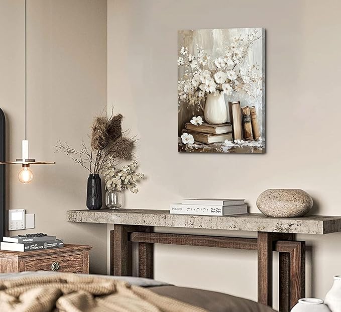 Vintage Books Canvas Wall Art Farmhouse Rustic Floral Painting Picture Wall Decor Still Life Flowers Poster Print Artwork for Countryside Farmhouse Library Gallery Living Room Home Decoration