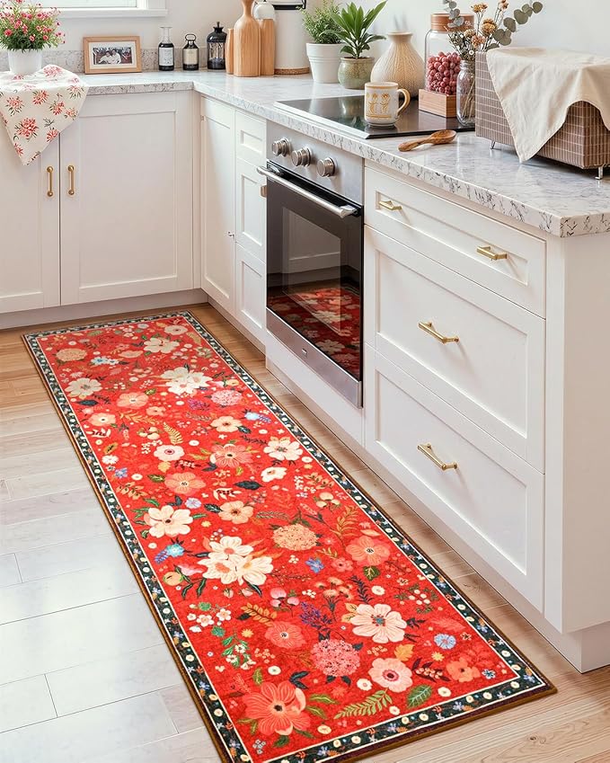 Macgace 2x6 Floral Runner Rug, Flowers Printed Washable Rugs with Non Slip Backing for Girls Bedroom Kitchen Hallway,Cute Carpet Runners Home Aesthetic Decor, Christmas Red