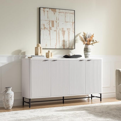 Fatmok 65" Large Sideboard Buffet Cabinet with Storage, Set of 2 Modern Fluted Credenza Accent Coffee Bar Console Tables with Doors & Adjustable Shelves for Living Room or Hallway, White