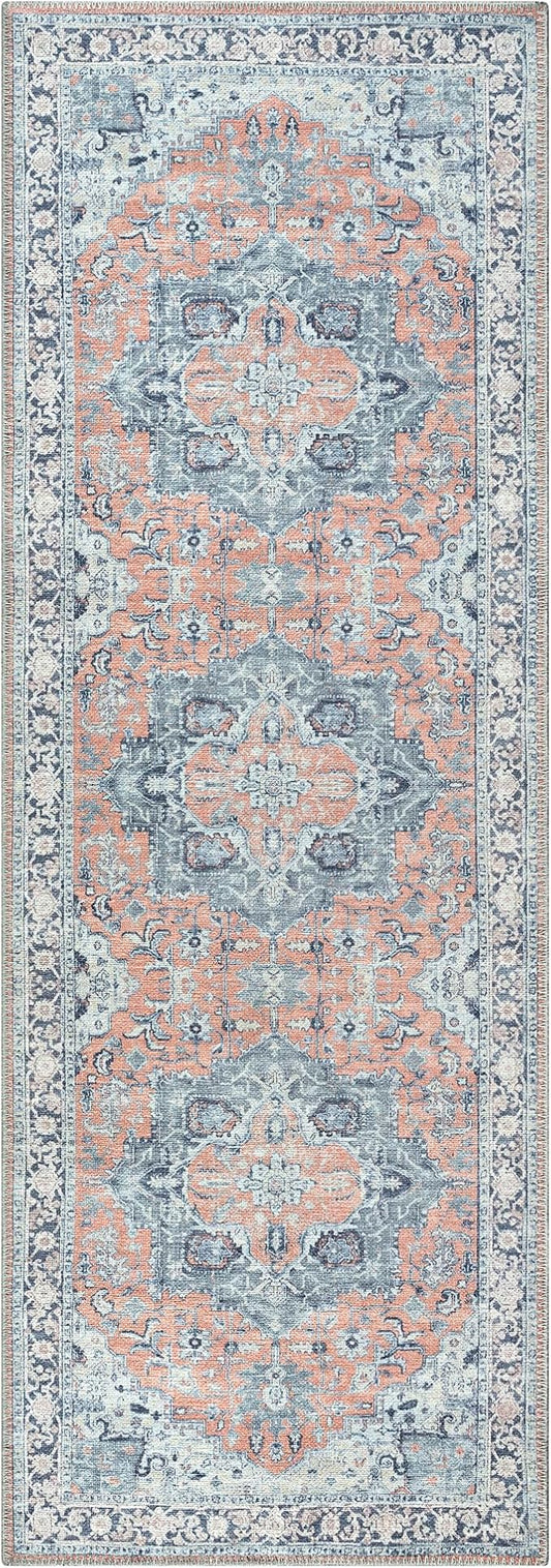 Bloom Rugs Washable Non-Slip 12 ft Runner - Coral/Blue Traditional Medallion Runner for Entryway, Hallway, Bathroom, and Kitchen - Exact Size: 2.5' x 12'
