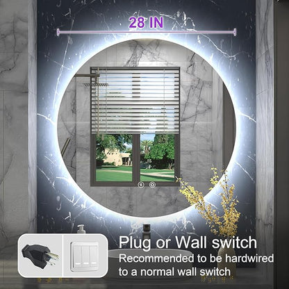 28 Inch Round LED Bathroom Mirror with Light, 3 Color Temperatures (3000K/4500K/6000K), Anti-Fog, Dimmable Backlit, Frameless Round Vanity Mirror with Lights