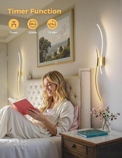 DORESshop Battery Operated Wall Sconces Set of 2, Modern Wireless Rechargeable Wall Lights with Stepless Dimming,3000k-6000K, Sconce Wall Decor for Living Room, Hallway, Bedroom, Gold 39in