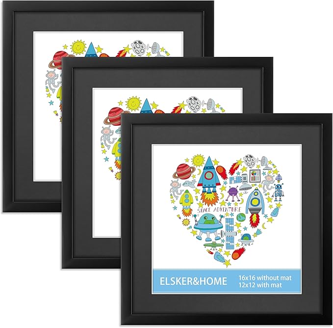 ELSKER&HOME 16x16 Picture Frame Black Set of 3, Square Picture Frame Display Photo 12x12 with Mat or 16 x 16 Without Mat, Horizontal and Vertical Wall Mounting