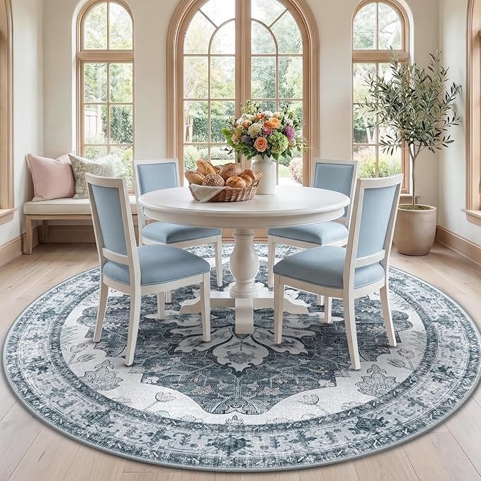 RELEANY Area Rugs Round 7ft Washable Non-Slip, Floral Vintage Distress Print Pattern Medallion Carpet for Living Room Bedroom Dining Room, Light Gray Grey White