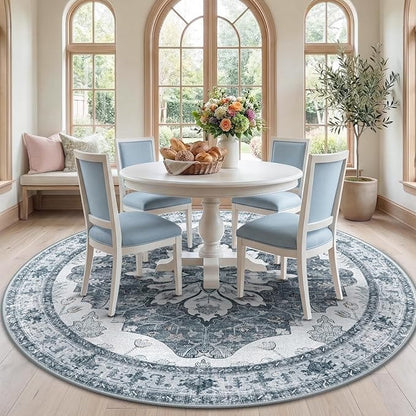 RELEANY Area Rugs Round 7ft Washable Non-Slip, Floral Vintage Distress Print Pattern Medallion Carpet for Living Room Bedroom Dining Room, Light Gray Grey White