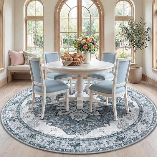 RELEANY Area Rugs Round 7ft Washable Non-Slip, Floral Vintage Distress Print Pattern Medallion Carpet for Living Room Bedroom Dining Room, Light Gray Grey White