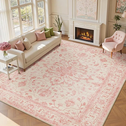 RELEANY Area Rugs 9'x12' Washable Non-Slip, Floral Vintage Distress Print Pattern Medallion Carpet for Living Room Bedroom Dining Room, Pink Light Vintage Pink