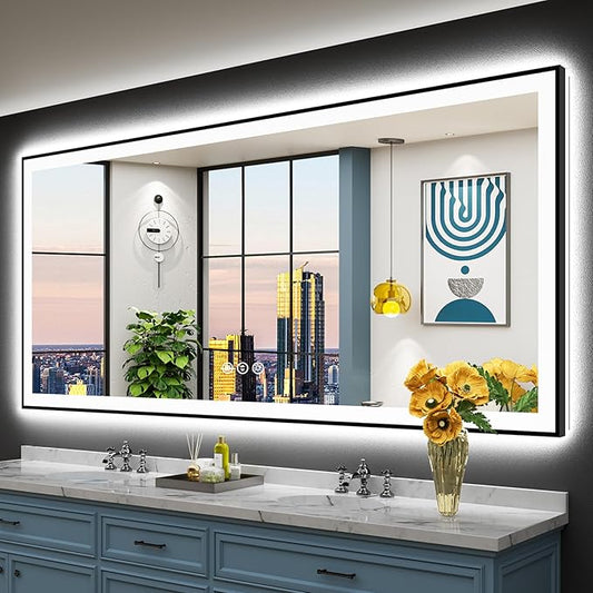 88x38 Black Framed LED Bathroom Mirror with Lights, Backlit and Front Lit Anti-Fog Lighted Vanity Mirrors for Bathroom Wall, Dimmable, 3 Colors, Memory, HD Tempered Glass, Horizontal/Vertical