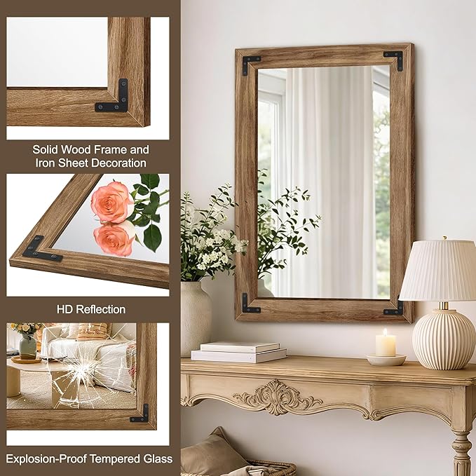 AMOISE Farmhouse Bathroom Vanity Mirror, 36" x 24" Wood Frame Wall Mirror, Vintage Rustic Decor for Entryway, Bedroom, Living Room, Vertical or Horizontal Hanging