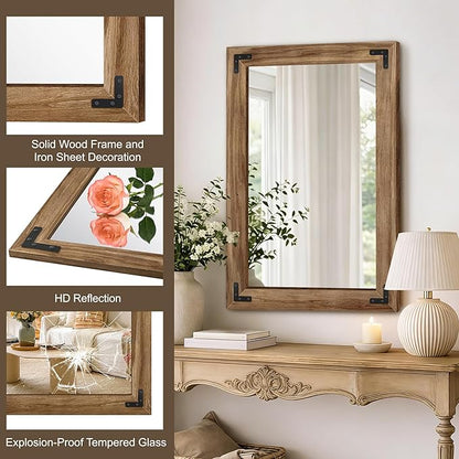 AMOISE Farmhouse Bathroom Vanity Mirror, 36" x 24" Wood Frame Wall Mirror, Vintage Rustic Decor for Entryway, Bedroom, Living Room, Vertical or Horizontal Hanging