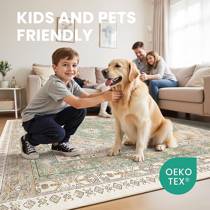 zesthome 6x9 Area Rug, Super Soft Washable Rugs for Living Room, Non-Slip Stain Resistant Vintage Rugs, Ultra-Thin Large Area Rugs (Green/Brown,6'x9')