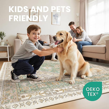 zesthome 10x14 Area Rugs,Stain Resistant Washable Rug,Ultra-Thin Rugs for Living Room,Bedroom,Non-Slip Backing Home Decor Large Area Rug (Green/Brown,10'x14')